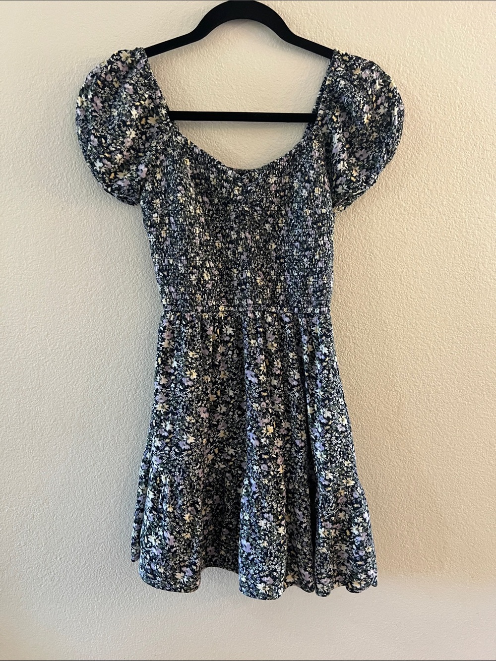 Hollister Navy Blue Floral Smocked Puff-Sleeve Dress